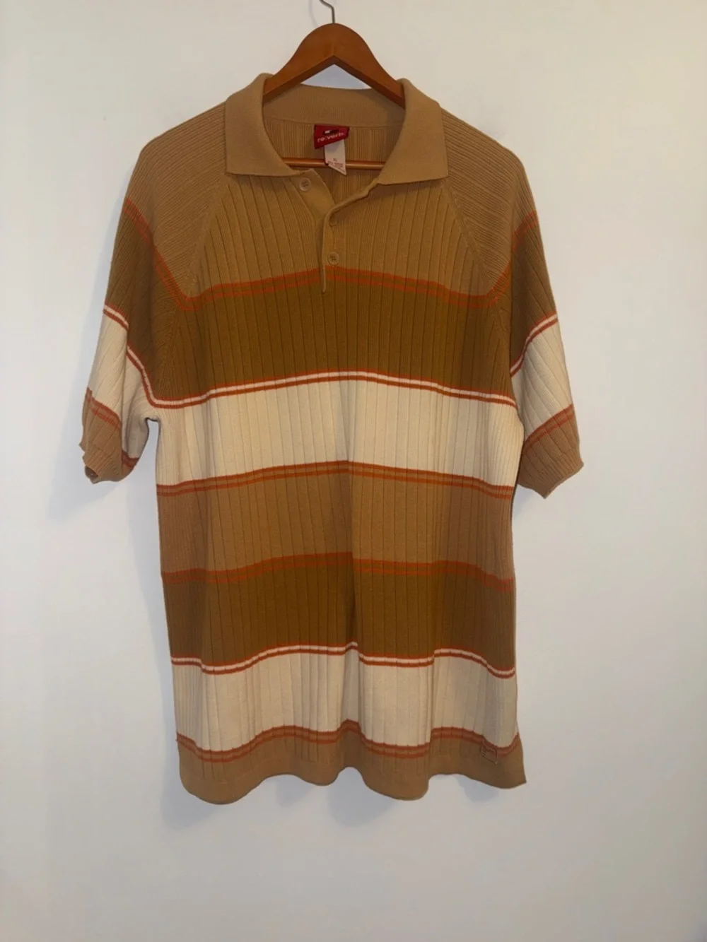 Vintage Y2K Reverb Ribbed Knit Polo Shirt Tan Brown Orange Striped XL
